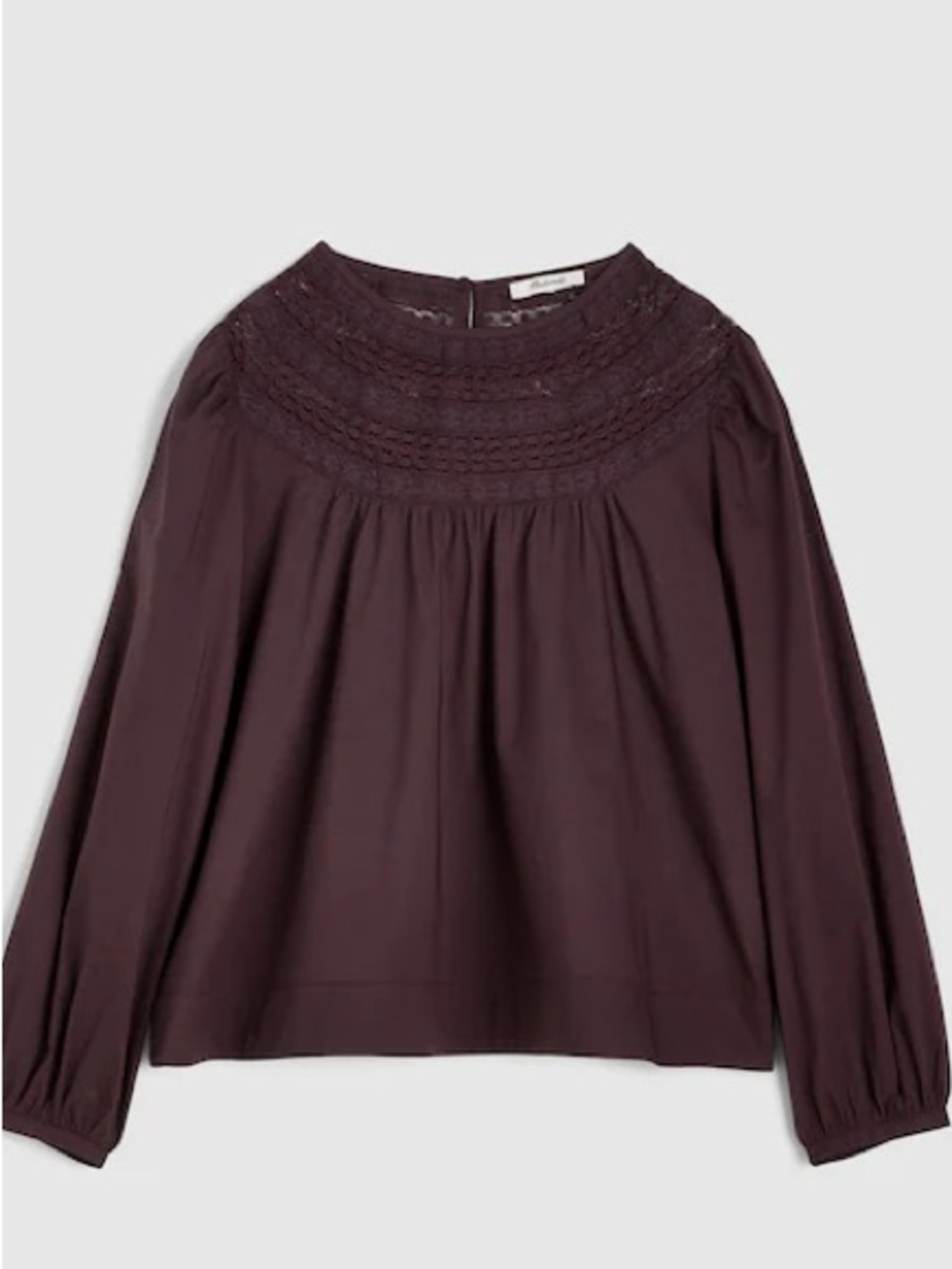 Madewell Lace-Insert High-Neck Chocolate Top Size M Long Sleeves Flattering